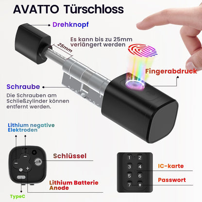 AVATTO Smart deurslot met vingerafdruk en wachtwoord voor 60-90mm deur, sleutelcilindermaat is verstelbaar, met sleutel, IC-kaart, ondersteunt Smart Life app voor afstandsbediening