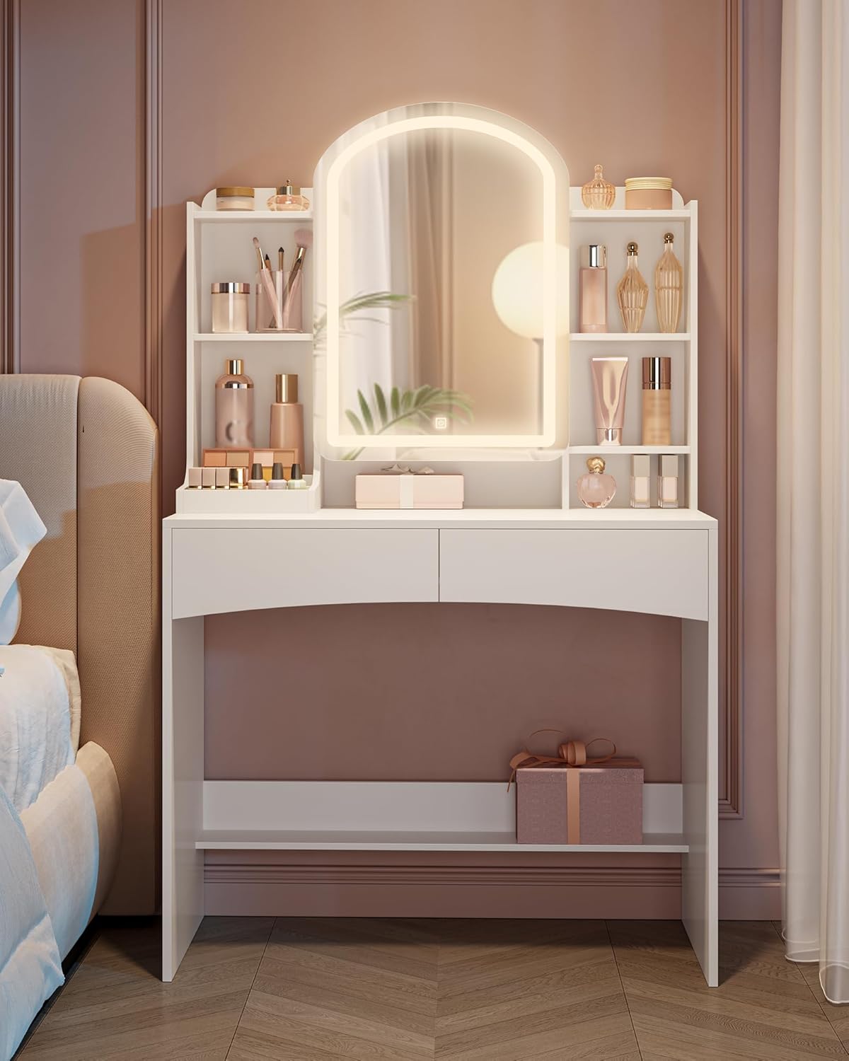 Hzuaneri LED Makeup Table, Large 90 cm Tabletop, Dressing Table with Curved Round Mirror, Hidden Jewellery Shelf Behind Mirror, 3 Colours, White DT41403XEU