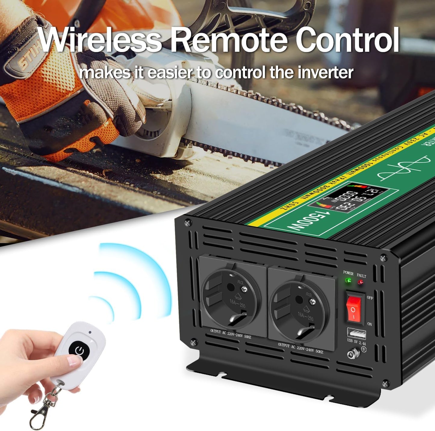 JIGUUN 1500W omvormer 12v naar 230v zuivere sinus Converter inverter met draadloze afstandsbediening LCD-scherm 2 Eu-stopcontact & 1 USB-poort Piekvermogen 3000W voor auto, camping, reizen,noodgeval