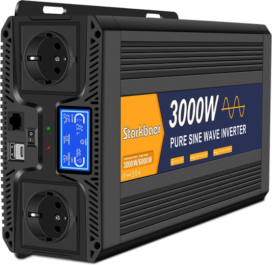 3000W omvormer 24V naar 230V zuivere sinus Spanningsomvormer stroomomvormer Pure Sine Wave Inverter, met LCD afst.bed., 2EU stopcont, USB+Type-c, voor auto/caravan/vrachtwagens/camping