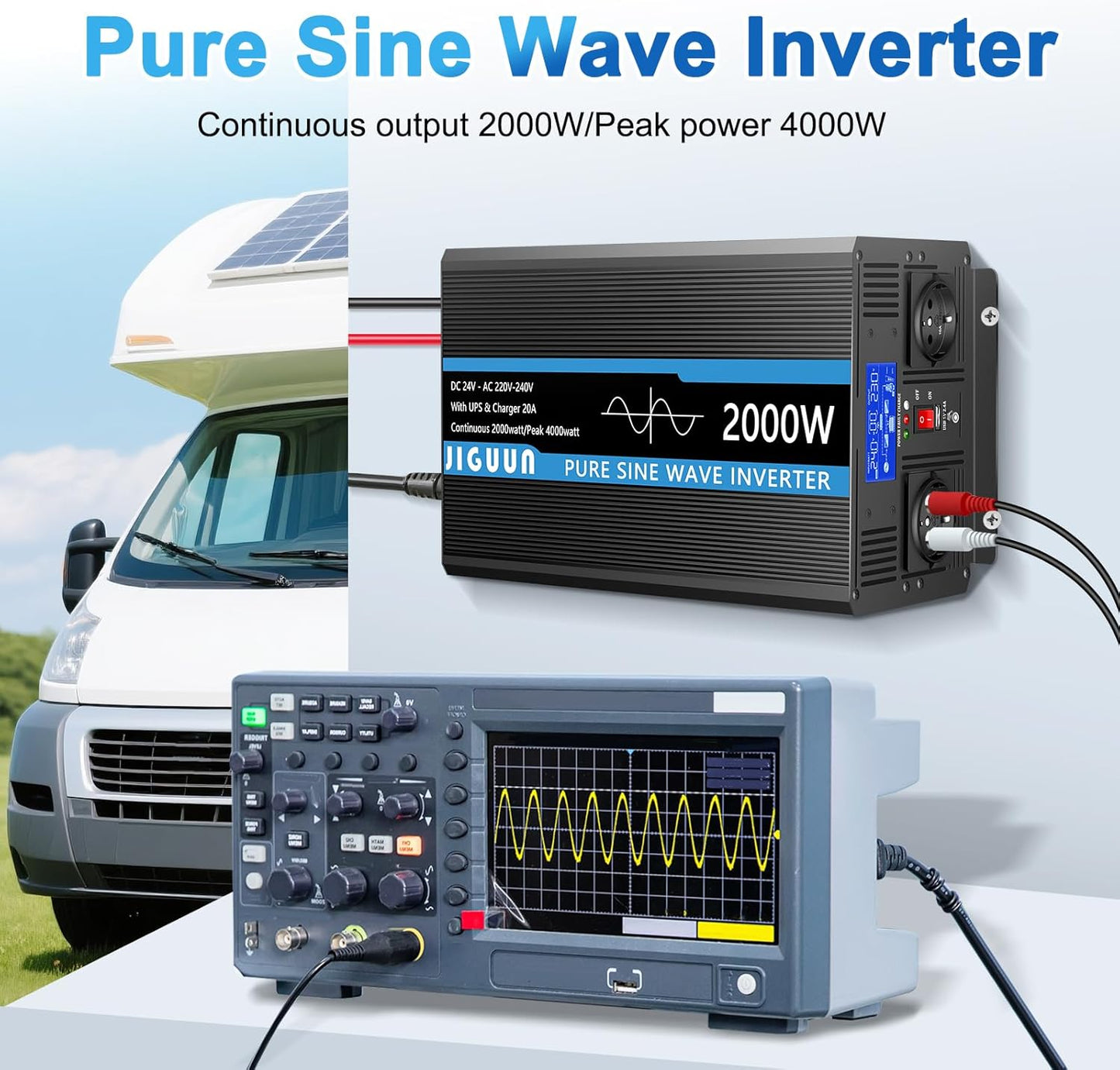 JIGUUN 2000W omvormer 24v naar 230v zuivere sinus met 20A lader en net prioriteit circuit en UPS, 2 EU-stopcontacten, draadloze afstandsbediening en LCD-display piekvermogen 4000W