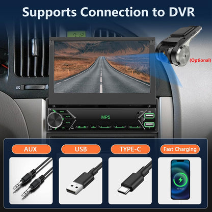 Dutch Brand Draadloze Carplay autoradio 1 Din met DAB+/DAB adapter voor Android Auto 7 inch uitschuifbaar scherm met Mirror Link, Bluetooth, FM- en USB-radio, AUX stuurbediening en achteruitrijcamera