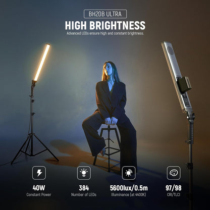 NEEWER BH20B Ultra LED-verlichtingsset draagbaar, 2,4 G, voor video, 40 W, dimbaar, 3200K-5600 K, CRI97 met statief, filter, draagtas voor gaming, fotografie en video, YouTube TikTok