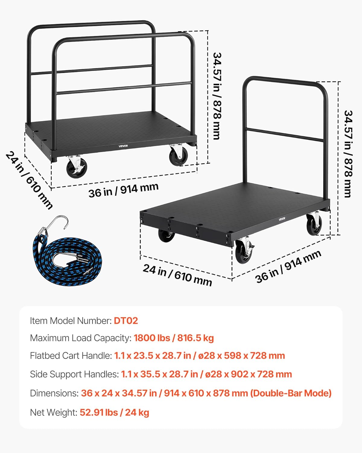 VEVOR Drywall Trolley Load Capacity 810 kg Steel Plates 12.5 mm Casters Platform 91.5 x 61 cm with 3 Side Handrails for Factory Garage Black