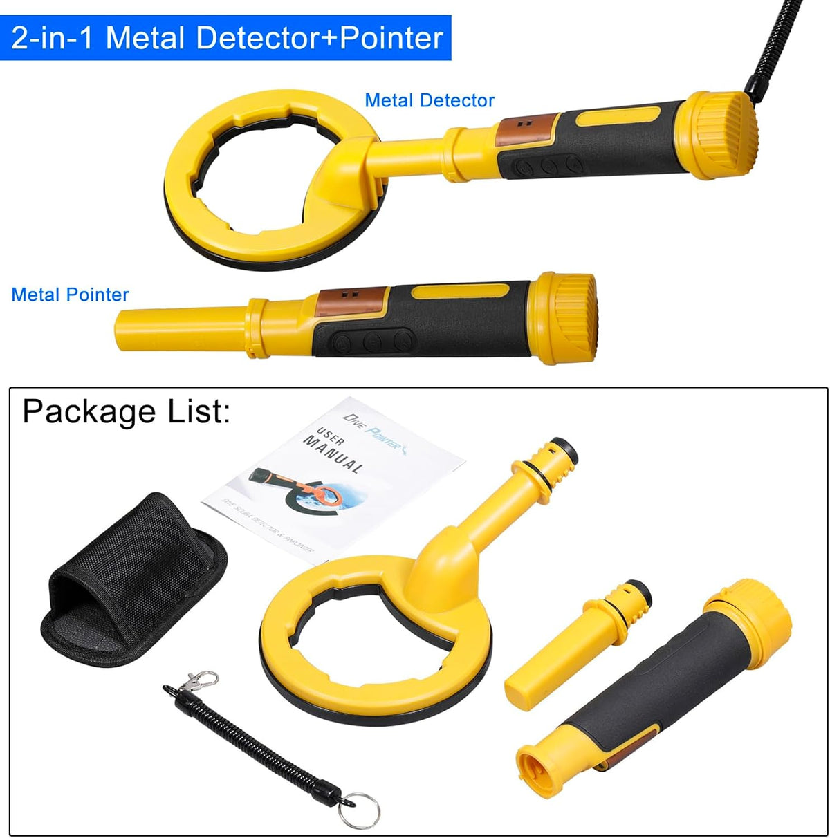 2-in-1 Metaaldetector en Pinpointer – Metaalzoeker – Goudzoeker – Schatzoeker – Duikmetaaldetector – IP68 Waterdicht tot 60 Meter – 3 Gevoeligheidsniveaus