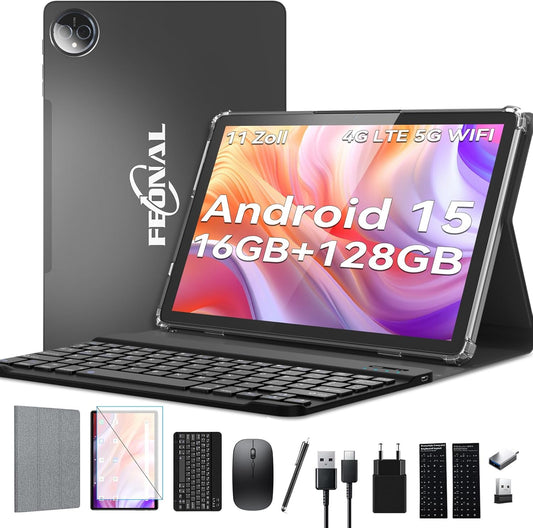 FEONAL 11 Inch Android 15 Tablet Octa-Core 16GB RAM 128GB ROM+1TB, 13MP+8MP Camera, 5G WiFi & Bellen, Met Muis/Toetsenbord/Pen