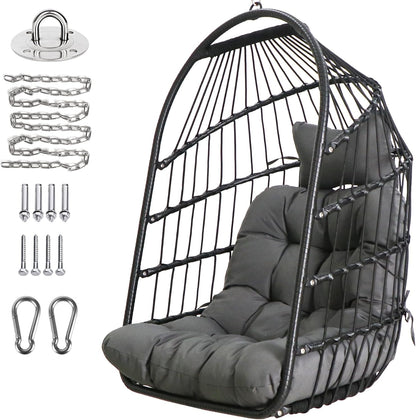 Chihee Eierstoel Opvouwbare Rieten Rotan Hangstoel Swing Stoel Indoor Outdoor Patio Rieten Stoel Hangmat Stoel met Rvs Opknoping Kit Chain Link UV Bestand Kussen Slaapkamer Balkon