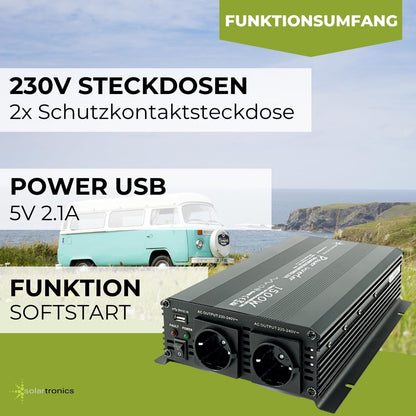 SOLARTRONICS Spanningsomvormer NM1500 12V 1500 Watt ZWART - 3000 Watt piekvermogen - omvormer 12 V naar 230 V - LifePO4 / lithium, lood- of AGM-batterij compatibel - met Schuko- en USB-aansluiting