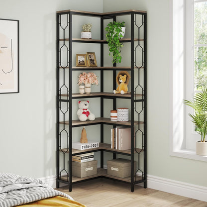 Tribesigns Corner Bookshelf, 7 Tier Industrial Corner Bookcase, Wooden and Metal Corner Shelf, Freestanding Display Shelf for Living Room, Kitchen, Home Office (Grey)
