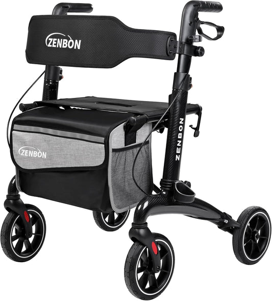 Rollator Opvouwbaar en Licht met Zitting: Rollator Carbon Gemakkelijk Inklapbaar voor kofferbak Reizen - Rollatoren voor senioren Lichtgewicht Smal voor Thuis Binnen Buiten (zwart)