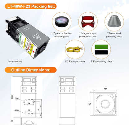 Opgewaardeerde 40W Lasermodule, LASER TREE 23mm Balance graveer- en snijkop met vaste focus, lasergraveermodule 5W optisch vermogen met metalen windkap, geschikt voor lasergraveermachine