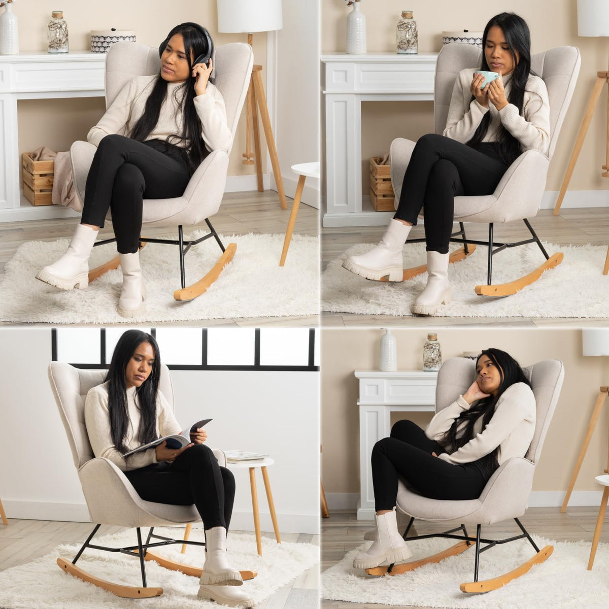 MEUBLE COSY Schommelstoelen, Scandinavië Borstvoeding schommelstoel stoel woonkamerstoel met E'-poten Hout Metaal en gevoerde zitting, 66x84x97cm