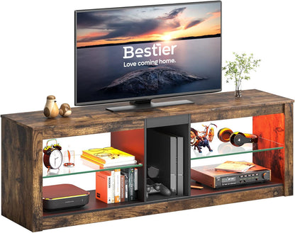 Bestier 140cm tv-standaard, tv-tafel voor tv's van 65 inch en kleiner met RGB LED-verlichting, 3 stopcontacten en 2 USB-oplaadpoorten