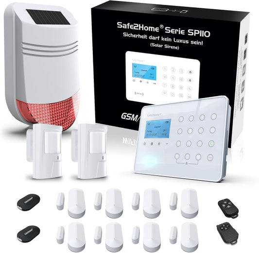 Safe2Home® draadloze alarminstallaties set SP110 met sabotagebescherming zonne-sirene Duitstalige GSM alarmsysteem SMS alarmering - alarminstallaties voor huis kantoor incl. accessoires sensoren bijv. bewegingsmelder
