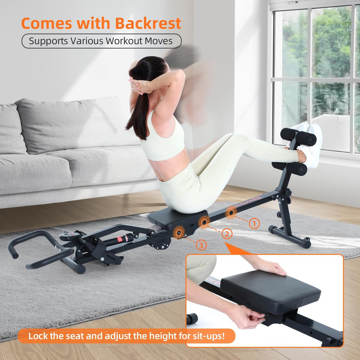 Rowing Machine for Home, Sportneer Hydraulic Rowing Machine Foldable with 12 Resistance Levels, Fitness Device for Home, Abdominal Trainer with U-Handle & Backrest, Maximum Load 135 kg - QUORE