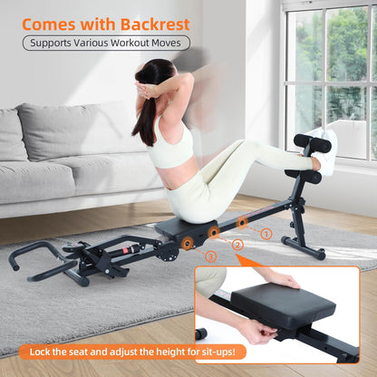Rowing Machine for Home, Sportneer Hydraulic Rowing Machine Foldable with 12 Resistance Levels, Fitness Device for Home, Abdominal Trainer with U-Handle & Backrest, Maximum Load 135 kg - QUORE