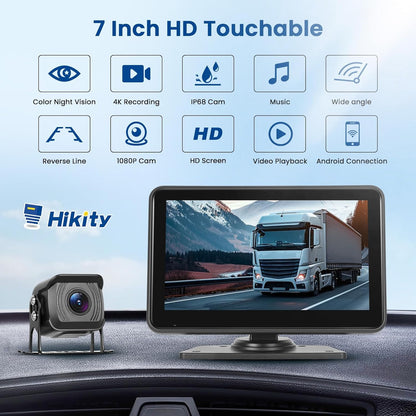Hikity Achteruitrijcameraset voor 2 camera's IP68 met touchscreen, achteruitrijcamera met audio-afspelen/loopopname/BSD/IR zicht, voor camping, vrachtwagen, camper, aanhangers, 12 V-24 V