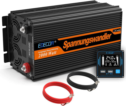 EDECOA 2000 W/4000 W omvormer 24 V naar 230 V spanningsomvormer met 2 x USB nieuwe afstandsbediening voor zonnepaneel, auto, camper