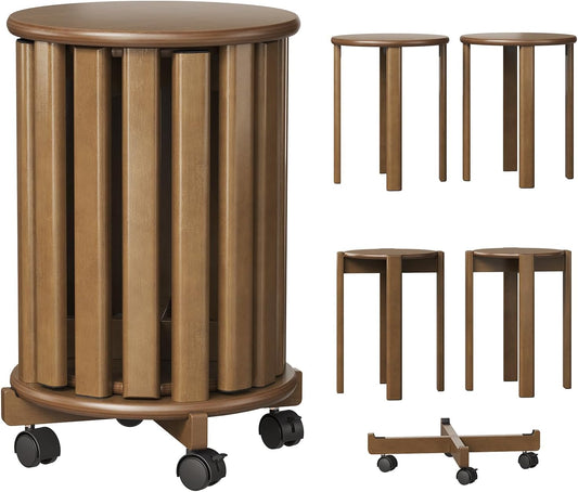 Stapelbare bamboe kruk met wielen, 4-in-1 set stapelkruk, bijzettafel en zitkruk, 46 cm hoogte, eetkamerstoelen, zonder montage, voor keuken, woonkamer, slaapkamer, walnoot