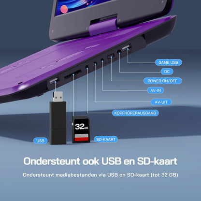 WOLFANG Draagbare dvd-speler met 15,6 inch groot HD-display, 5000 mAh batterij, geen regionale beperking, twee stereoluidsprekers, ondersteunt USB/SD-kaart/sync-tv/projector, lila