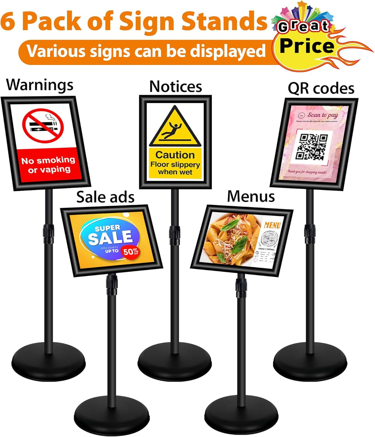 6-pack verstelbare bordhouder A4 aluminium postermenustandaard voor poster, menu, advertenties, verkoop, mededelingen, bewegwijzering (zwart, 6-pack)
