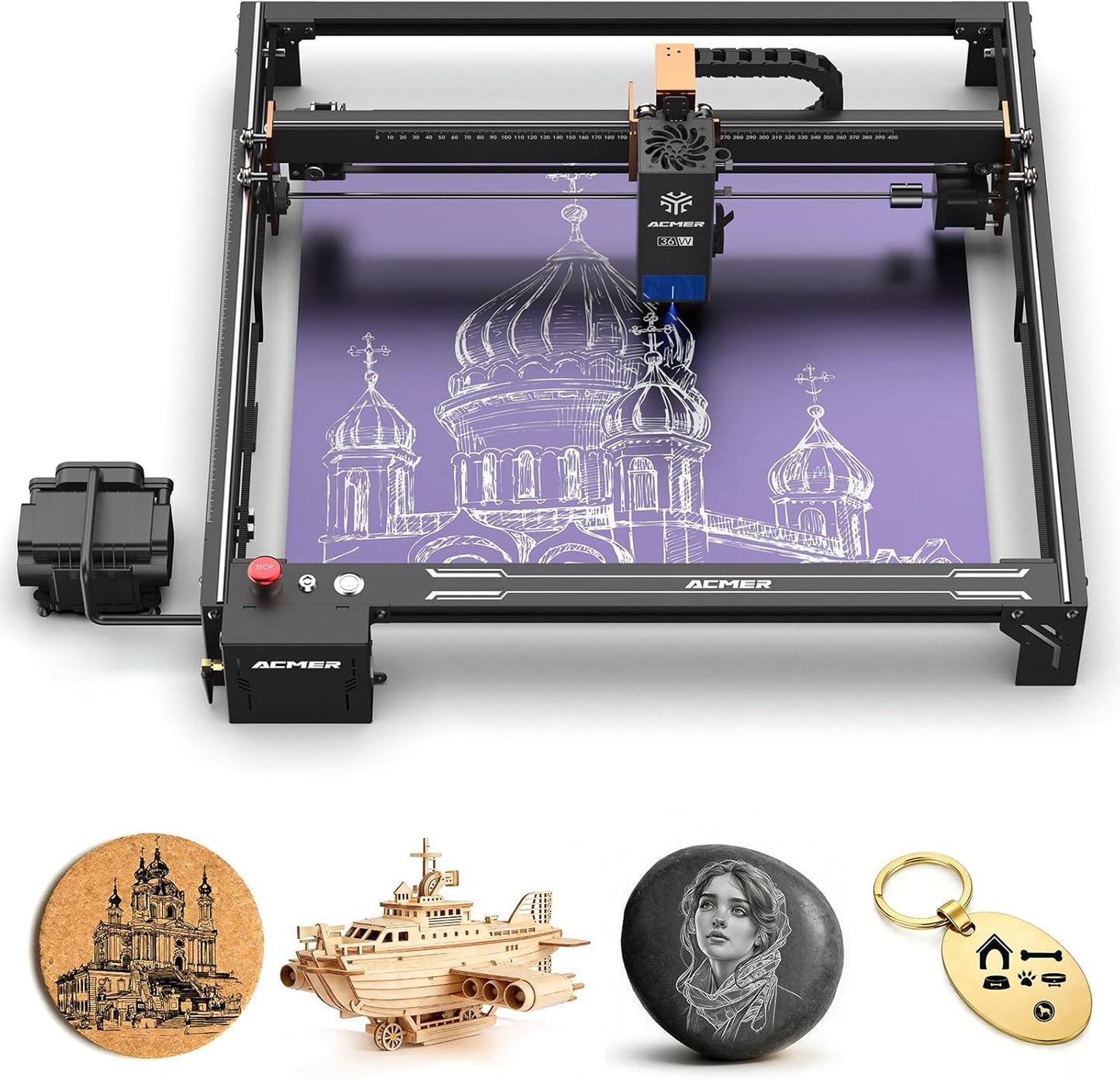Acmer S2 Pro Lasergraveermachine, 36 W, lasergravure en snijder, 24000 mm/min, 400 x 400 mm, draagbaar, ondersteunt wifi-verbinding, TF-kaart, USB-pc, luchtpomp 30 l/min, werkplaats, startups