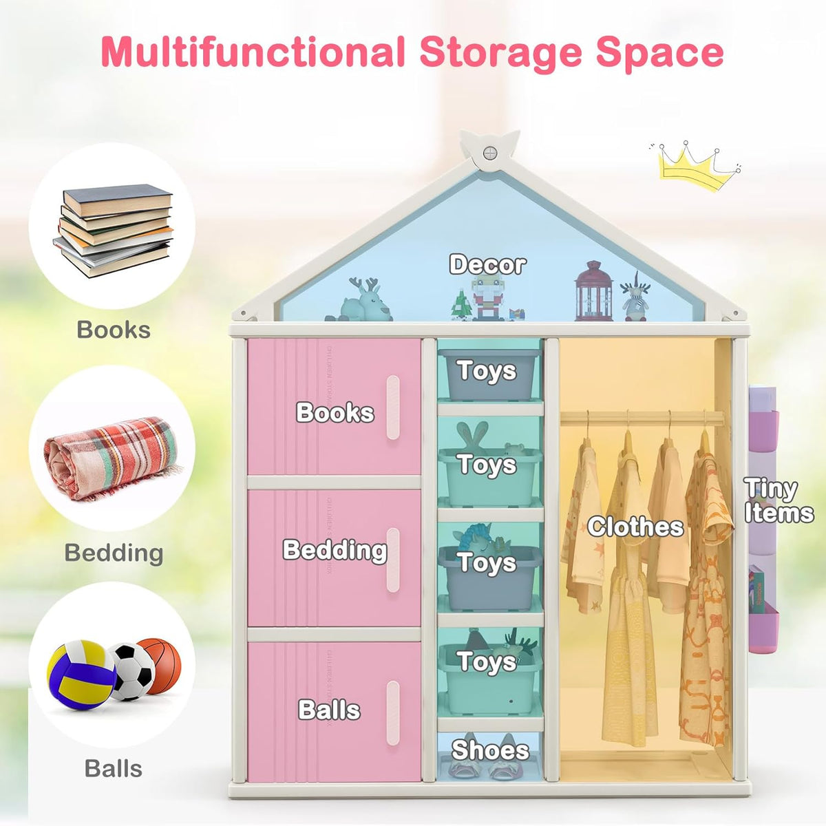 FANTASK Kinderrek in huisvorm, kindergarderobe met planken, zijmanden en 4 opbergdozen, kinderkledingkast voor kinderkamer (roze)