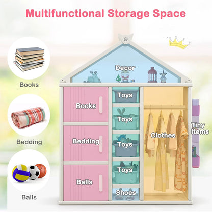 FANTASK Kinderrek in huisvorm, kindergarderobe met planken, zijmanden en 4 opbergdozen, kinderkledingkast voor kinderkamer (roze)
