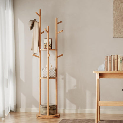 AQIMUELE Kapstok, kledingstandaard, massief hout, draaibare jasstandaard met 3 legplanken en 9 haken, voor hal, slaapkamer (natuurlijk hout)