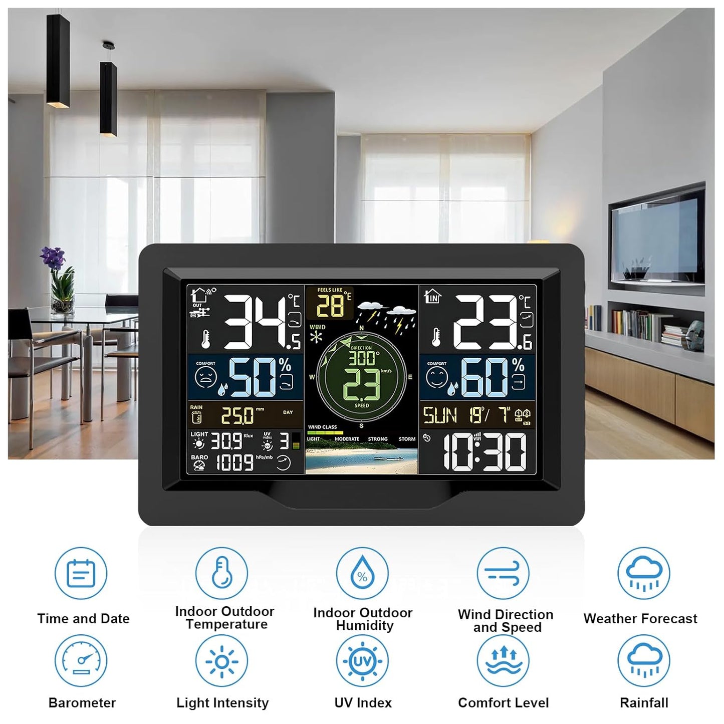 jely WiFi Weerstation met App, WLAN Weerstation met Buitensensor, Thermometer Hygrometer, Windmeter & Regenmeter, Temperatuur, Vochtigheid, Luchtdruk, UV-Index, 12–24 u Weersvoorspelling