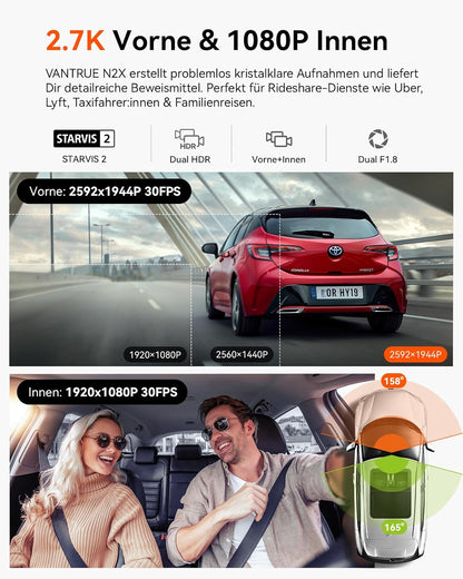 VANTRUE N2X 2,7K+1080P dashcam auto-interieur, STARVIS 2 Dual HDR nachtzicht dashcam, 2,5K/60FPS voorkant, GPS, WiFi, app en stembediening, 2″ 323° dashcam 24/7 parkeermodus, G Sensor, maximaal .512G