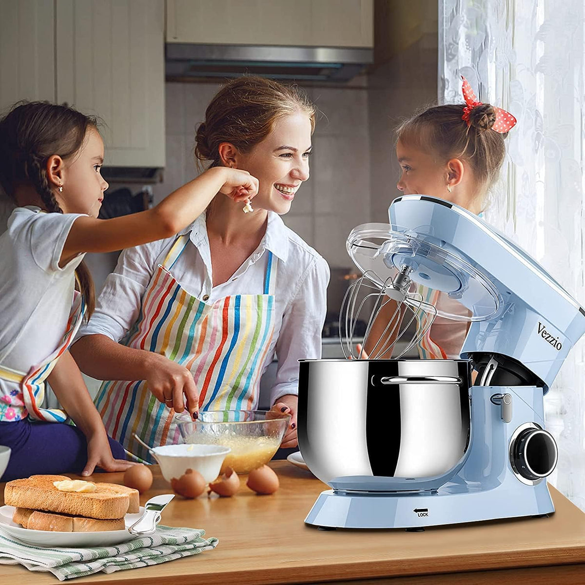 Vezzio Food Processor Kneading Machine, 1500 W, Reduced Sound, Kneading Machine with Mixing Brush, 10 Speeds, 8.5 L, Stainless Steel Bowl, Baking with Kneading Hooks, Whisk, Flat Mixer (Blauw)