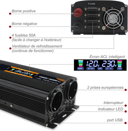 Yinleader Spanningstransformator 12 V naar 220 V, 1500 W / 3000 W, wisselrichter voor auto met gemodificeerde sinusgolf, met display, dual EU-stekker, USB