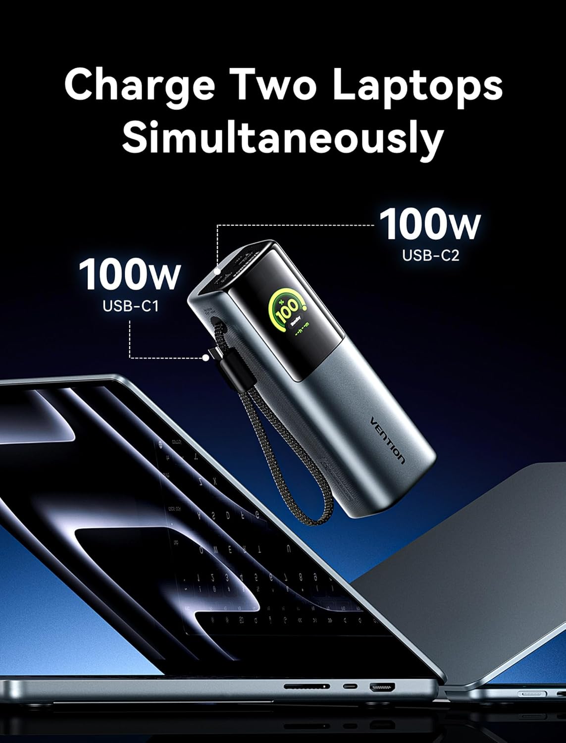 VENTION Powerbank 27000mAh 200W - Snelladen 3-Poorts Powerbank met Emoji-animaties - Draagbare Accu voor Laptops, MacBook Pro, iPhone 17/16/15, iPad, Galaxy S25