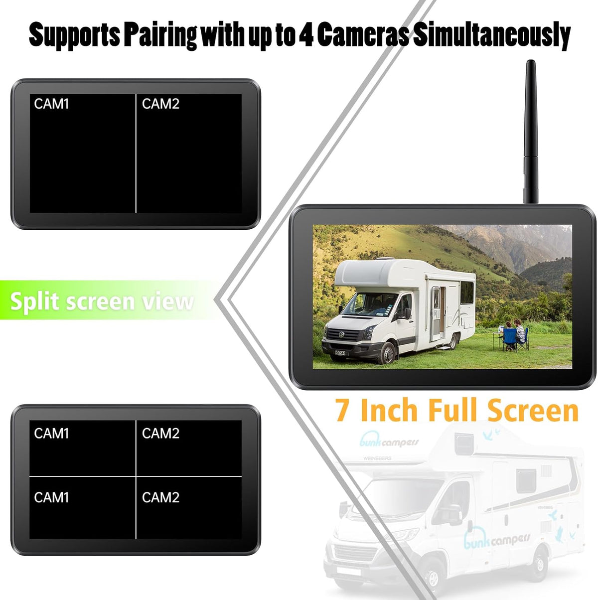 OBEST Draadloze achteruitrijcamera, magnetisch, met 9600 mAh accu, 7 inch touchscreen-monitor, ondersteunt tot 4 kanalen, IP69 waterdicht, doe-het-zelf installatie, voor caravan, vrachtwagen, auto