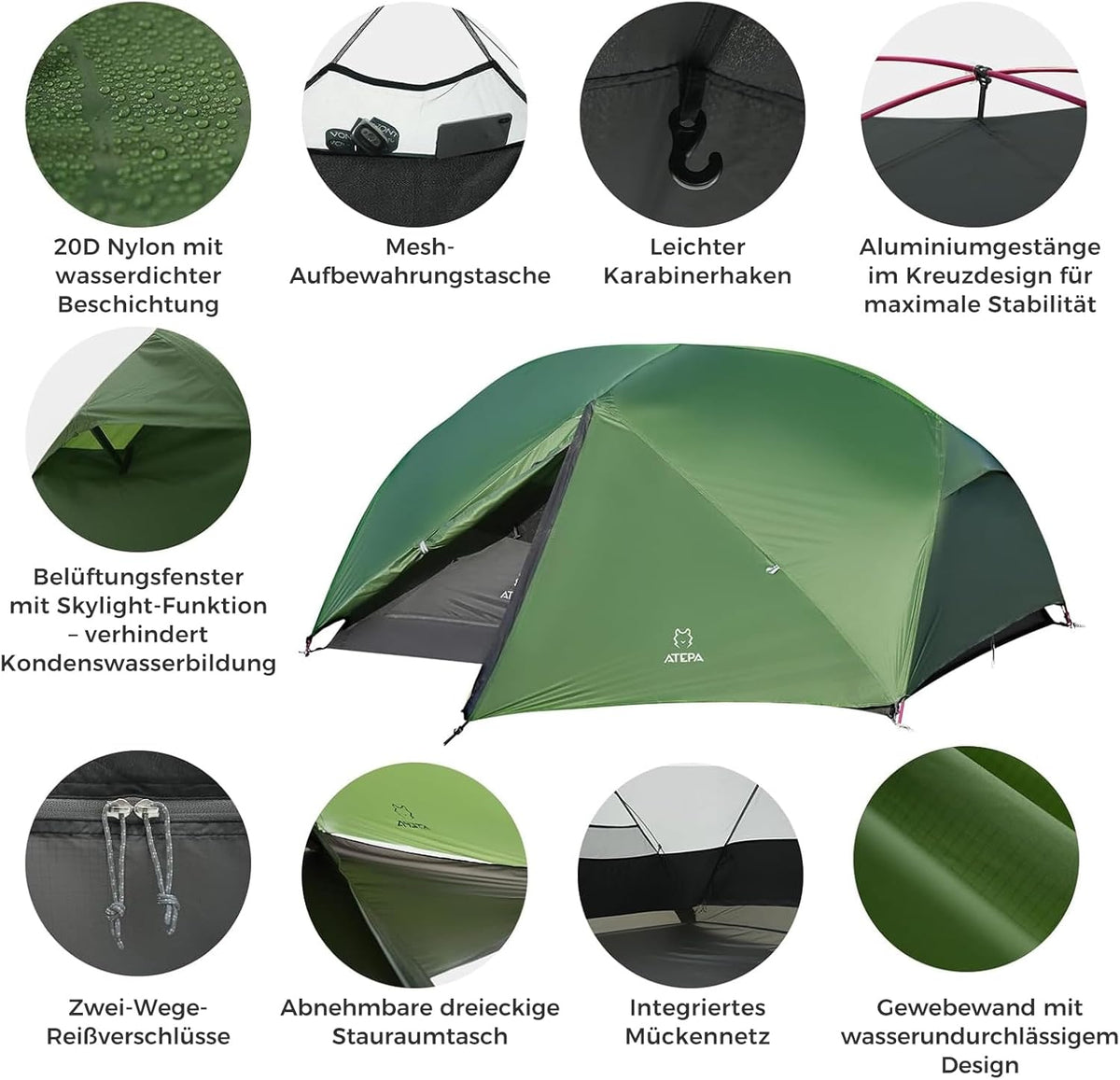 ATEPA Ultralichte Tent 2 Personen 1.9kg Waterdicht & Winddicht, Campingtent Afscheidbaar Mesh-Binnengedeelte met Voorbouw voor Trekking, Camping, Outdoor, Wandelen