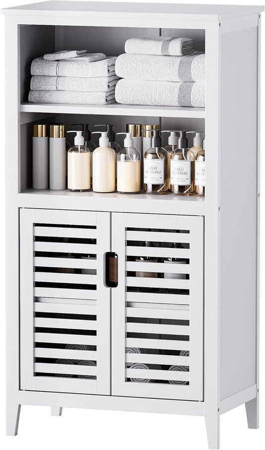 Opbergkast badkamer – Badkamerkast – Keukenkast – Kast met deuren – Vrijstaande kast – Bamboe & Wit Design – Verstelbare planken & Ventilerende Jaloeziedeurtjes - QUORE