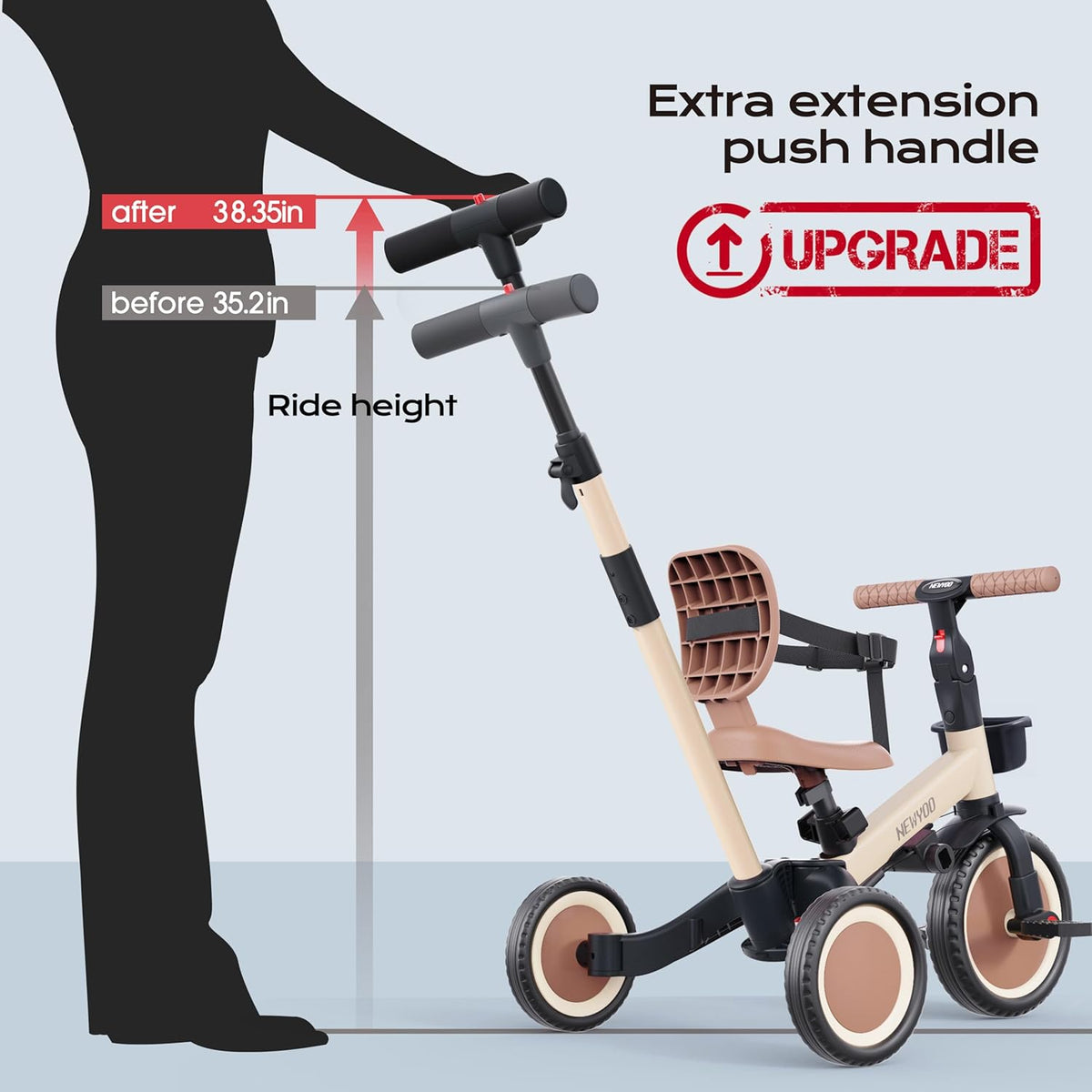 newyoo Tricycle 5 en 1, draisienne à partir de 1 an, avec barre de poussée, pour enfants à partir de 1, 2, 3 ans, avec pédales amovibles et siège réglable, Zwart