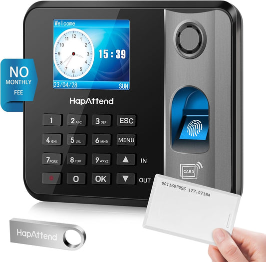 Tijdklok, vingerafdruk tijdklokken voor werknemers kleine bedrijven met RFID en PIN, offline biometrische tijdregistratie ponsmachine met 5 RFID-kaarten (0 maandelijkse kosten H1)