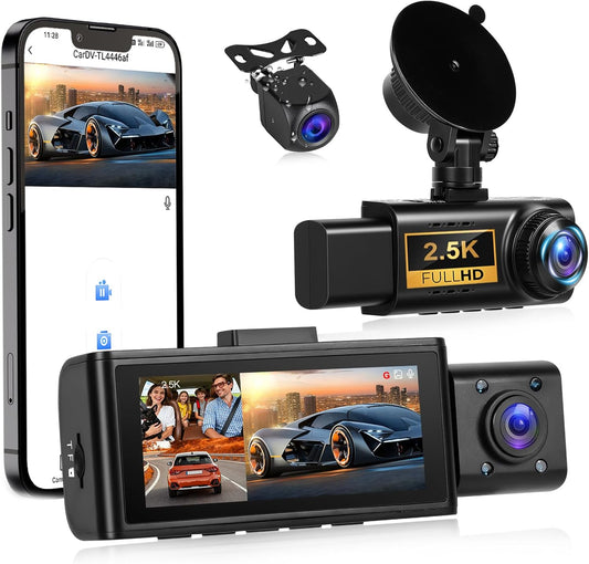 Dashcam Auto – Autocamera – Rijrecorder – Dashcam Set – Achteruitrijcamera – 3-Kanaals met 2,5K Frontcamera, 1080p Interne Camera & 1080p Achtercamera – 3,16 Inch Touchscreen, G-Sensor & App-Bediening