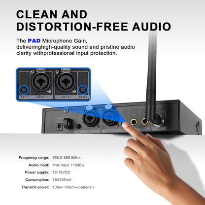 Draadloos in-ear monitorsysteem – IEM-systeem – In-ear monitor – Draadloze monitor – Podiummonitor – 1-Kanaals Set – Mono en stereomodus – UHF 550-580 MHz met 16 instelbare frequenties