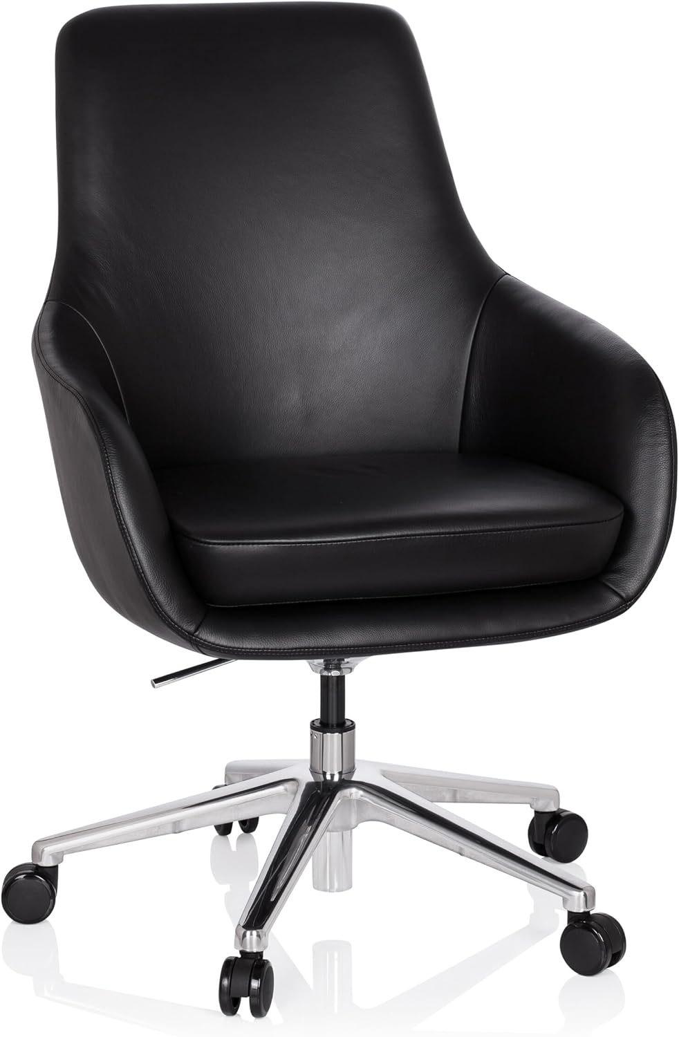 hjh OFFICE Bareno 600980 loungestoel, echt leer, zwart, hoogwaardige draaistoel, comfortabel gevoerd