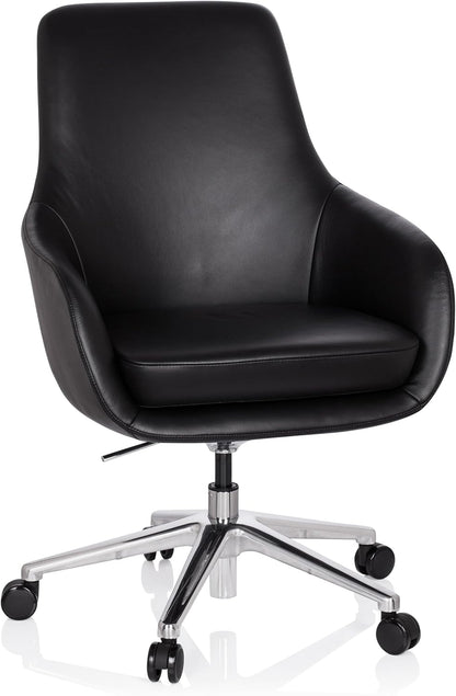 hjh OFFICE Bareno 600980 loungestoel, echt leer, zwart, hoogwaardige draaistoel, comfortabel gevoerd
