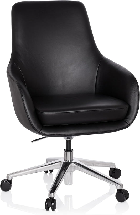 hjh OFFICE Bareno 600980 loungestoel, echt leer, zwart, hoogwaardige draaistoel, comfortabel gevoerd