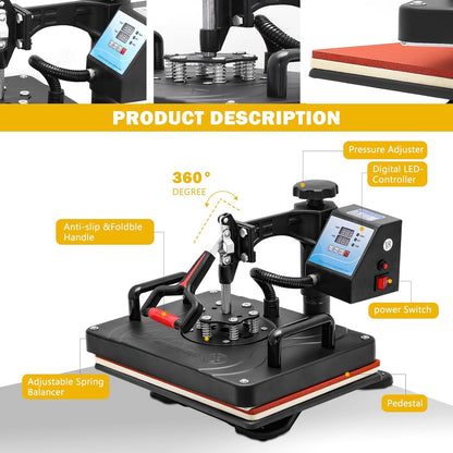 Transferpers, hittepers, 360 graden, 29 x 38 cm, draaibaar, doe-het-zelf, multifunctionele sublimatie, warmtepers, transferdrukmachine voor T-shirts, hoeden, tassen, tegels, EU-stekker (5-in-1