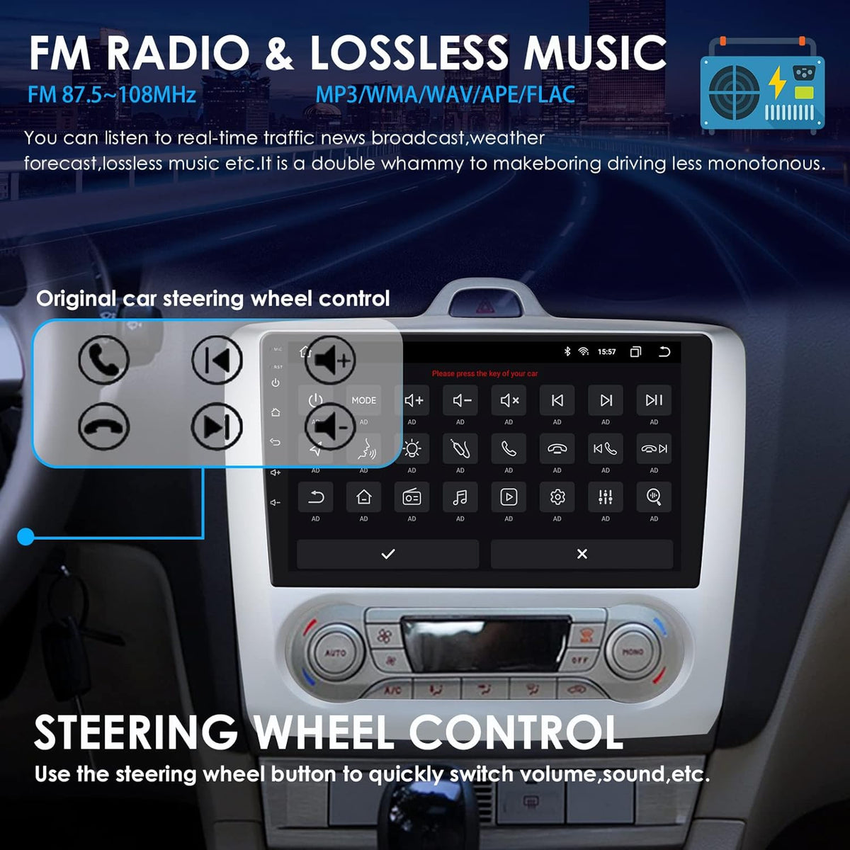 Android 12 Autoradio voor Ford Focus Exi AT 2004-2011, 4+32GB Bluetooth Auto Stereo GPS Navigatie met 9 Inch QLED Touchscreen Ondersteuning Carplay Weer Stuurbediening DSP RDS USB