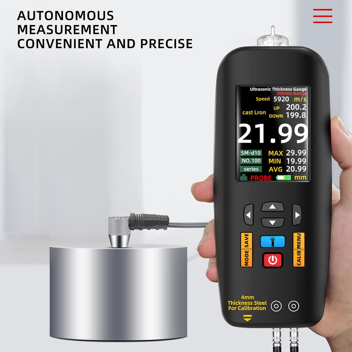 BSIDE Ultrasone diktemeter, 1-300 mm, oplaadbaar, 7,1 cm, lcd-kleur-metaaldikte, met sonde voor metalen materialen