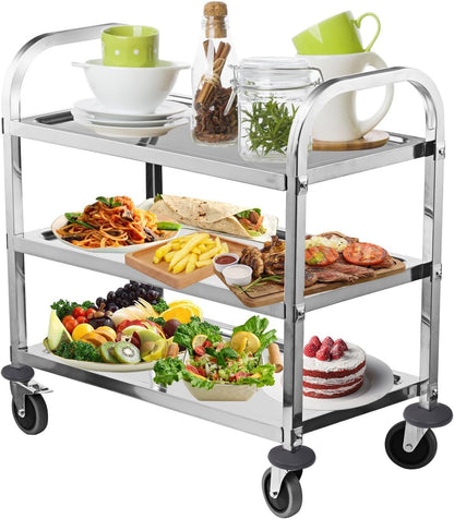 3 Tier RVS Utility Rolling Cart Kitchen Island Trolley Serving Catering Opbergkar met vergrendelingswielen, ideaal voor keukenhotels, restaurants en verzorgingshuizen (95 x 50 x 95 cm)