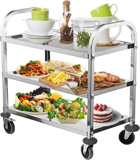 3 Tier RVS Utility Rolling Cart Kitchen Island Trolley Serving Catering Opbergkar met vergrendelingswielen, ideaal voor keukenhotels, restaurants en verzorgingshuizen (95 x 50 x 95 cm)