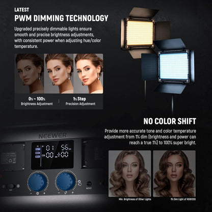 RGB Videolamp Set van 2 – Videolicht – Studiolicht – Fotolicht – Continu Licht – 2x60W, 22.000 Lux @ 0,5 m – 1% Nauwkeurig Dimmen, 360° RGB, 2500K-8500K, CRI97+/TLCI98+
